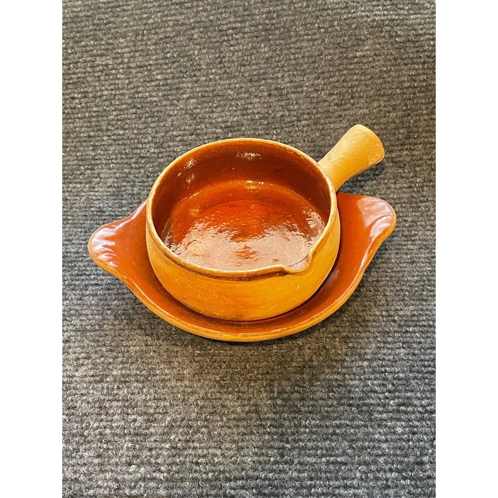 LPV Vallauris France Terracotta Glazed Handled Ramekin and Leaf Saucer Set